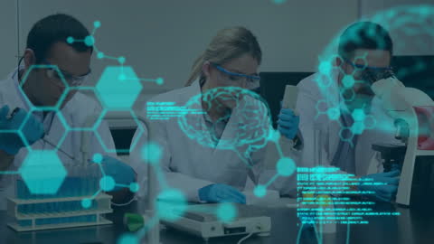 Diverse Scientists Conducting Experiments with High-Tech Data Overlays