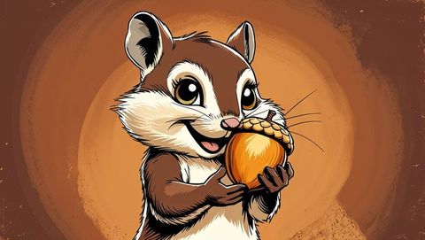 Adorable cartoon chipmunk carrying a giant acorn