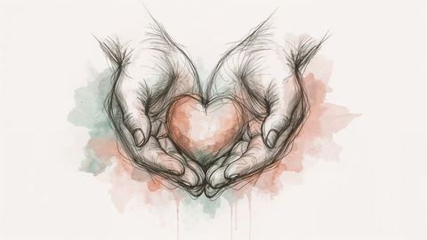 Artistic hands cupping heart against watercolor – a gentle symbol for condolences