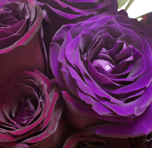 Closeup of vibrant purple roses in full bloom showcases the intricate details of their petals and natural beauty. Ideal for floral decorations, romantic-themed events, wedding invitations, and botanical studies.