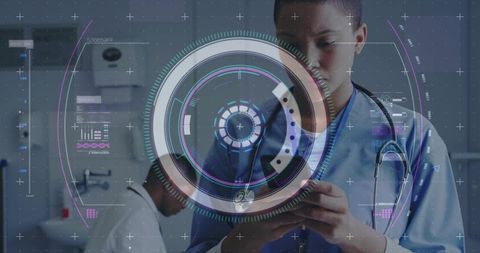 Clinician holding tablet viewing augmented reality medical interface for diagnostics