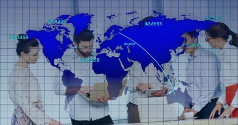 Global team collaborating over data visualization with world map overlay and devices