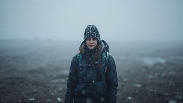 Solo hiker bracing in snowy mist on remote moorland wearing waterproof jacket