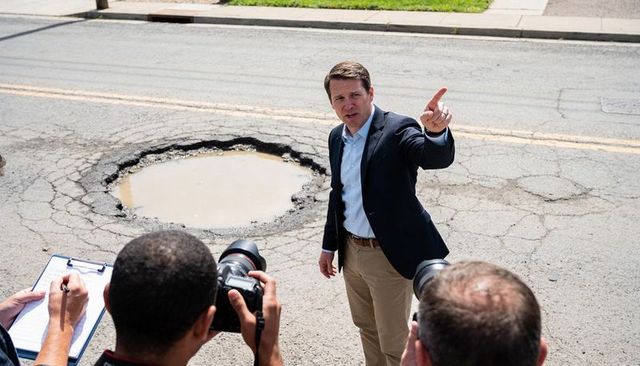 City official pointing at large water-filled pothole while briefing press on road damage