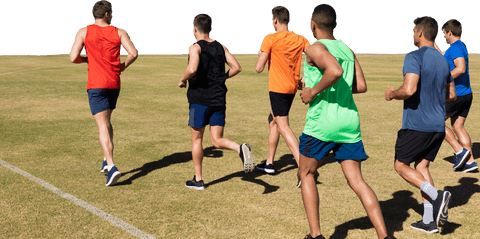 Diverse sportsmen running together on transparent background