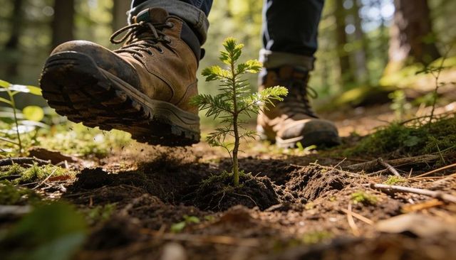 Planting evergreen sapling on forest trail with hiking boots, moss and morning sunlight