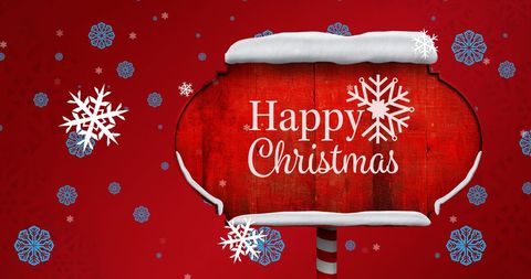 Festive Scene with Snowflakes and Happy Christmas Sign on Red Background