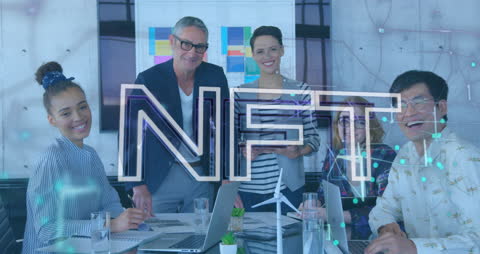 Team Discussing NFTs in Modern Office with Futuristic Overlay