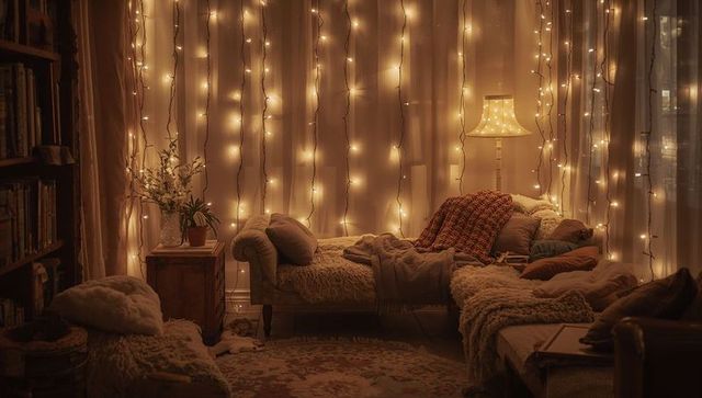 Cozy hygge living room with string lights, chaise lounge and knit throws