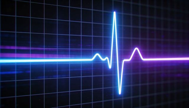 Neon ECG Heartbeat Waveform on Digital Grid with Cyan and Magenta Glow