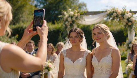 Two brides smiling under floral arch during sunlit outdoor wedding ceremony