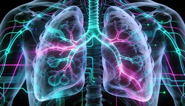 Translucent lungs with neon airways and circuitry overlay visualizing respiratory anatomy