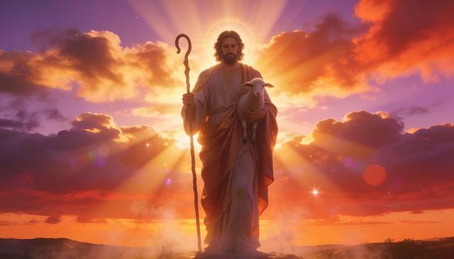 Haloed shepherd holding lamb and staff at sunset golden rays ethereal dusk religious scene