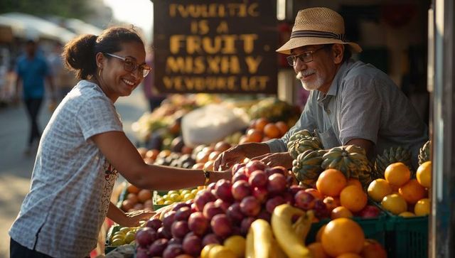 Smiling woman selecting fresh fruit while chatting with vendor at bustling outdoor market