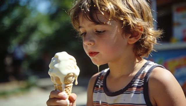Boy enjoying melting vanilla waffle cone on sunny summer day, candid outdoor portrait