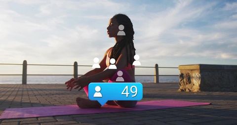 Woman Meditating Outdoors at Sunset with Engagement Icons