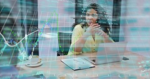 Businesswoman analyzing stock charts on laptop while contemplating market trends, strategy