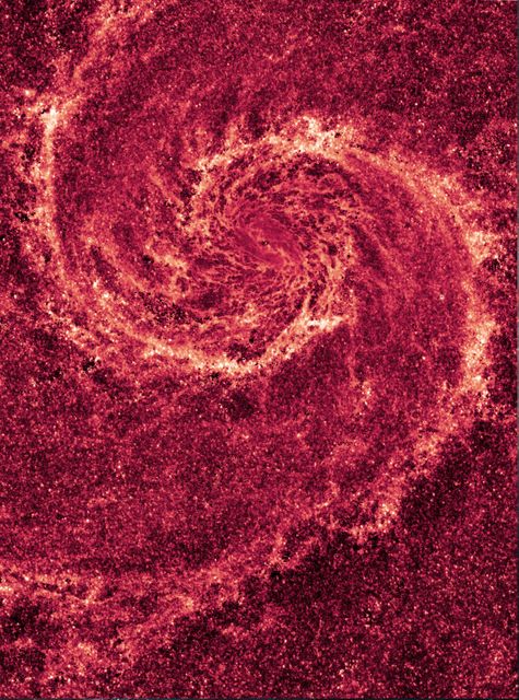This image showcases the intricate dust structure of the Whirlpool Galaxy (M51) as seen in near-infrared light by NASA's Hubble Space Telescope. The swirling dust lanes are reflected in the red color, revealing the galaxy's skeletal framework. This view obscures most of the starlight to highlight the dense dust grains. Ideal for use in educational materials, astronomical studies, and artistic depictions of space phenomena.