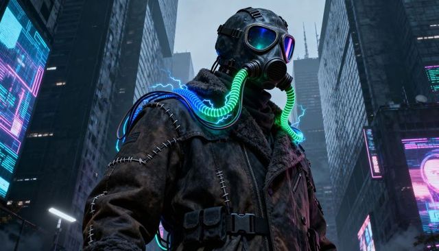Cyberpunk Gas-Masked Sentinel Standing in Neon Urban Canyon Wearing Glowing Neon Tubes