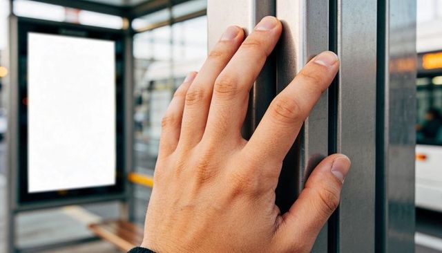 Pressing adult hand on metal frame at bus shelter showing blank poster and urban transit