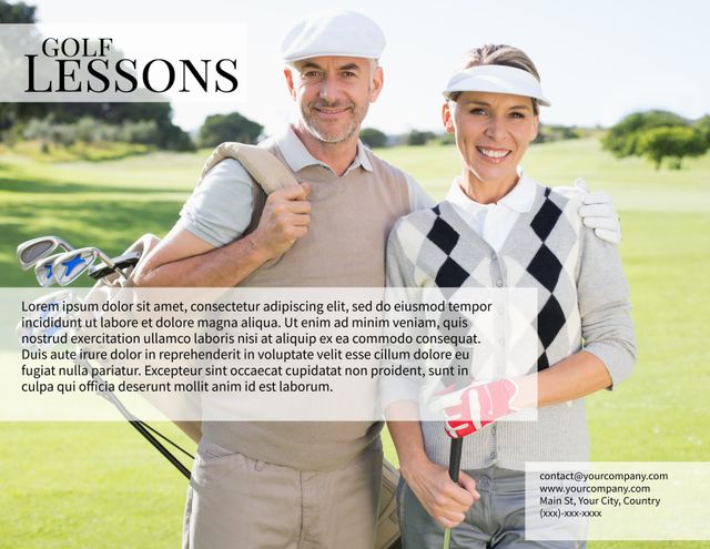 Smiling Couple on Golf Course Promoting Golf Lessons Together - Download Free Stock Templates Pikwizard.com