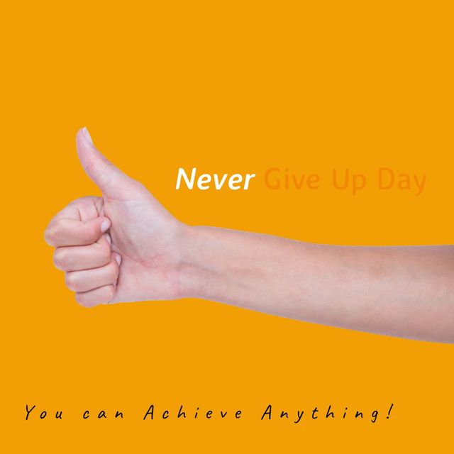 Digital image of cropped caucasian woman gesturing thumbs up with never give up day text. Orange background, copy space, believing yourself, motivation, willingness to accept failure, inspiration.