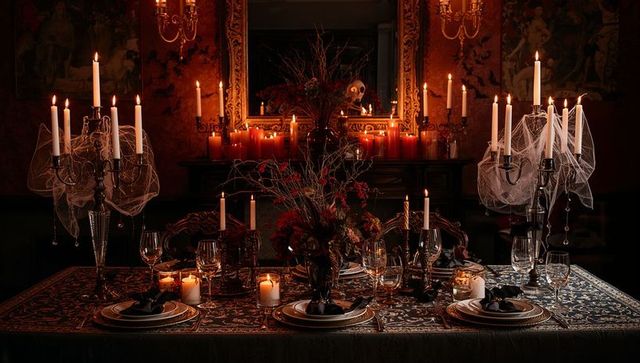 Luxurious gothic dining room with red blooms and skull decor
