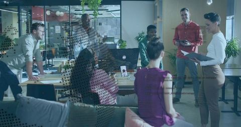 Collaborative Team Meeting with Woman Leading Presentation in Modern Open-Plan Office