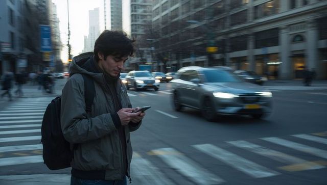 Young man checking phone at city crosswalk during evening commute with passing traffic