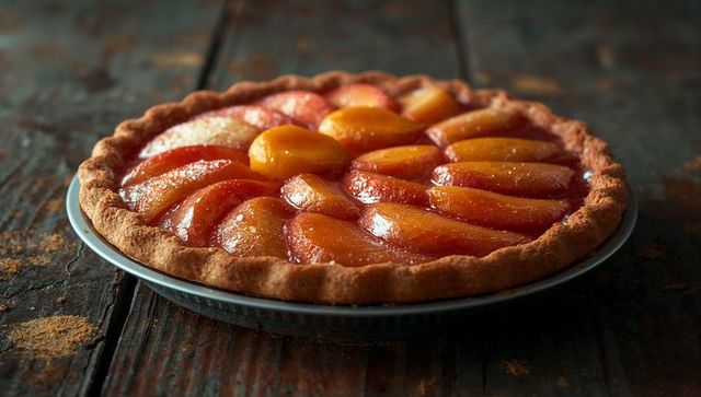 Round Glazed Fruit Tart on Rustic Wooden Table