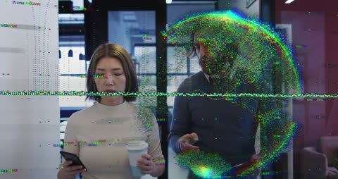 Abstract Data Overlay on Colleagues Discussing in Office Environment