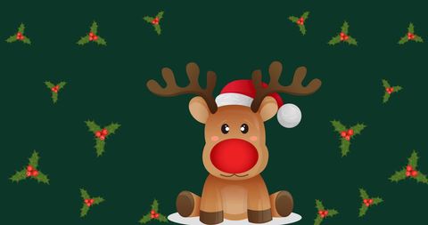 Festive Reindeer with Santa Hat and Holly Background