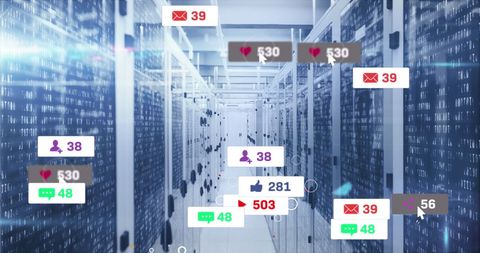 Digital Networking Inside Server Room with Social Media Icons - Download Free Stock Images Pikwizard.com