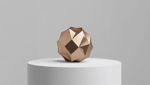 Displaying faceted rose-gold geometric polyhedron on round pedestal minimalist gray backdrop