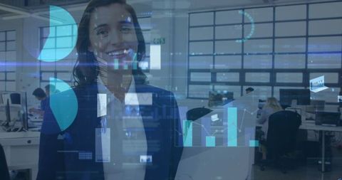 Business Professional Overlaid with Financial Data in Modern Office