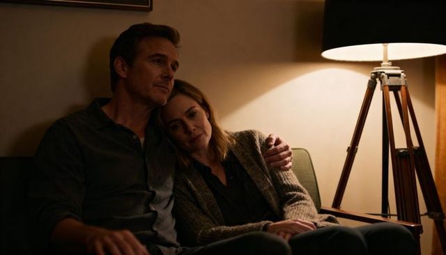 Couple cuddling on sofa at night under warm lamp glow, intimate cozy living room quiet moment
