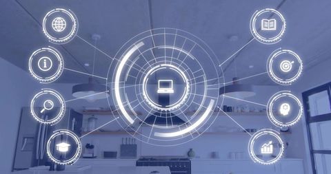 Projecting holographic smart kitchen interface with laptop icon over modern stove