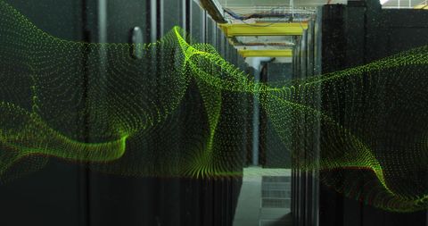 This futuristic scene features a glowing digital wave moving through a dark server room, symbolizing the dynamic flow of data in modern digital networks. Ideal for representing concepts related to technology, communications infrastructures, and advanced data management systems. Useful for tech company promotions, IT presentations, and educational materials on digital communication.