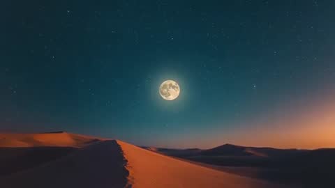 Full Moon Illuminating Desert Dunes under Starry Night