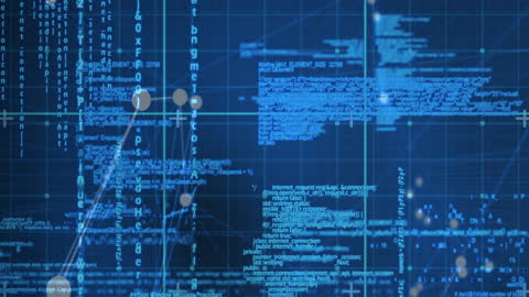 Abstract Digital Data Streams on a Blue Technological Grid Background