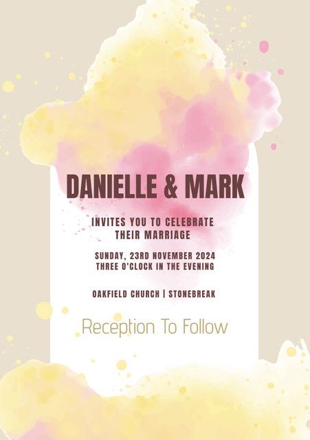Delicate invitation ideal for couples seeking a modern and elegant feel for their wedding. With a beautiful blend of soft pastel watercolor clouds, it sets a joyful and inviting tone for the celebration. Use it for printing classy wedding invites or as a digital announcement. Suitable for all kinds of wedding themes and wonderfully highlights the details of the ceremony.