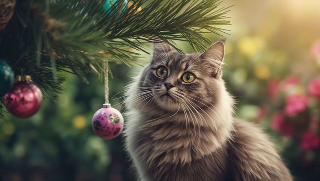 Fluffy Gray Cat Admiring Christmas Baubles in Sunlit Garden