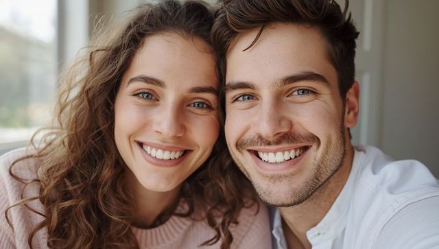 Smiling Couple Embracing Happiness in Sunlit Room