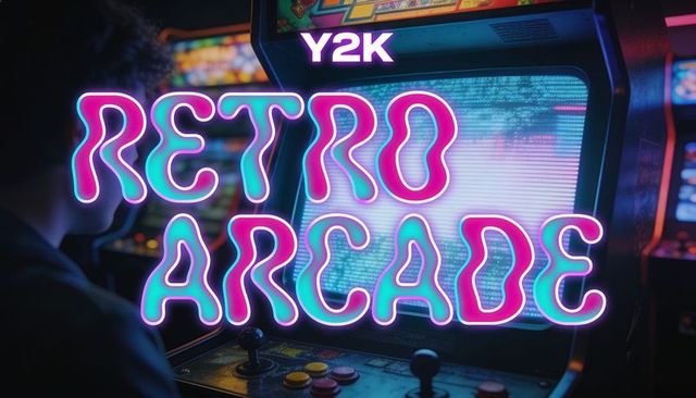 Y2k neon retro arcade with vintage crt cabinet, joystick controls and synthwave glow