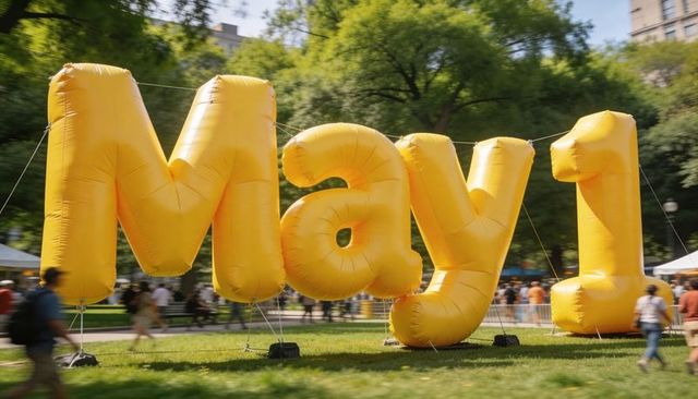 Giant yellow inflatable may 1 letters celebrating spring festival and community gathering in park