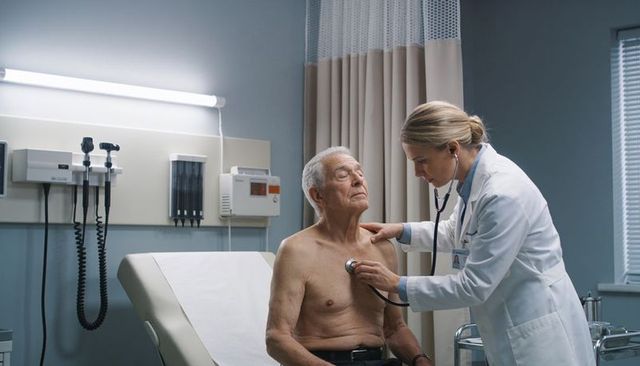 Female physician examining senior male patient with stethoscope during clinic checkup