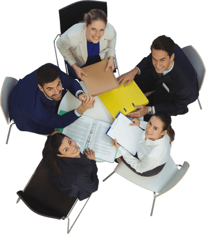 High angle view of transparent young professionals collaborating