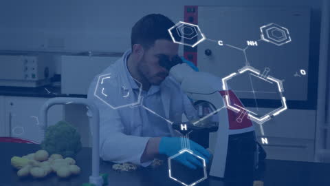 Scientist Analyzing Samples with Digital Chemical Graphics