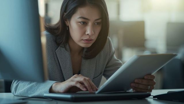 Focused asian businesswoman multitasking on tablet and keyboard in modern office