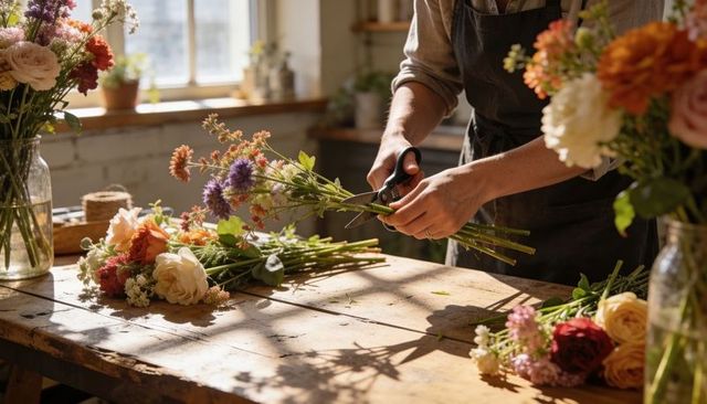 Florist trimming stems in sunlit studio arranging rustic wildflower bouquet on wooden workbench